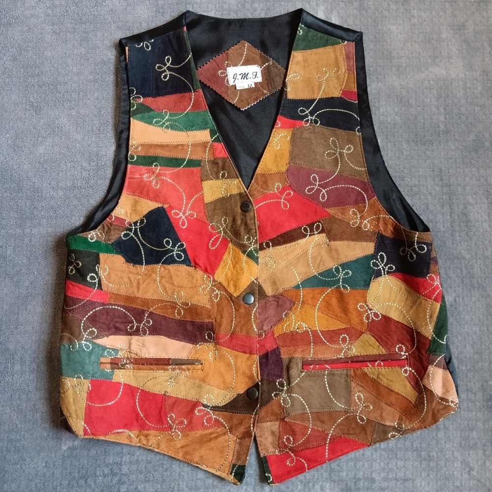 Leather Vintage Boho Western Colorful Patchwork Vest Embroidered Suede, Medium